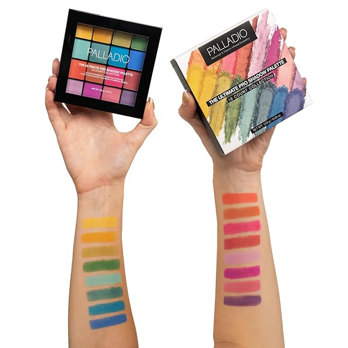 Palladio Ultimate Pro Eyeshadow Makeup Palette, 16 High-Pigmented Powder Colors, Matte, Shimmer, Satin Finishes, Color Crush