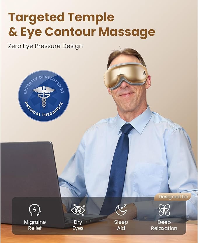 BOB AND BRAD Eye Massager with Heat and Cooling, EyeOasis 3 Eye Mask for Migraines, Sleep Mask with Heat, Compression, Music, Headache Massager for Dry Eyes Strain Migraine Relief Improve Sleep