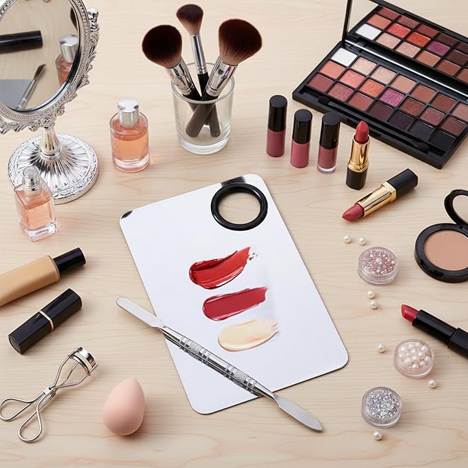 2 Set Metal Makeup Mixing Palette with Spatula, Professional Stainless Steel Square and Fan Makeup Palette Reusable Beauty Tools Cosmetic Artist Tool for Foundation Mix, Facial Cosmetic,Nail Art