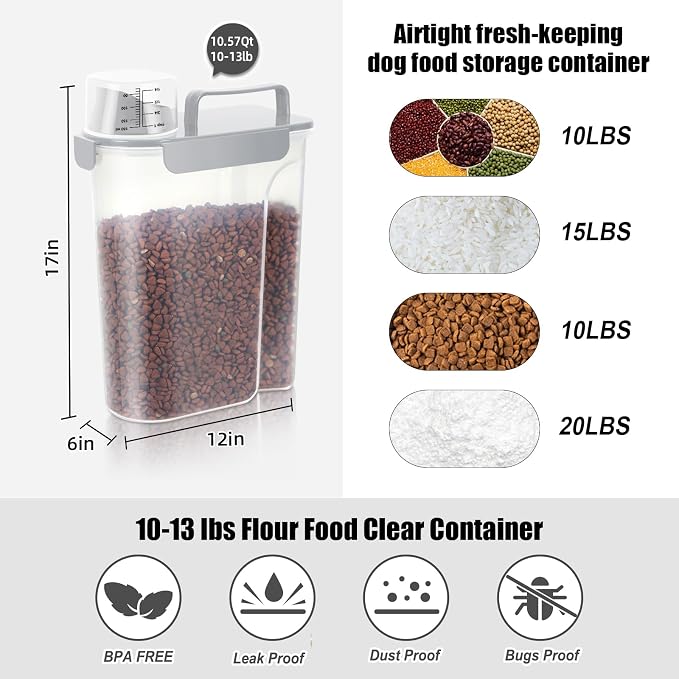LEAWALK 10-13 Lbs Upgrade Capacity Dog Cat Food Storage Container, Pet Dog Treat Container, Airtight, Clear Bucket Body, With 2-Cup Scoop, Handle, Large Nozzle, 4-Safety Buckles, Easy to Clean, Gray