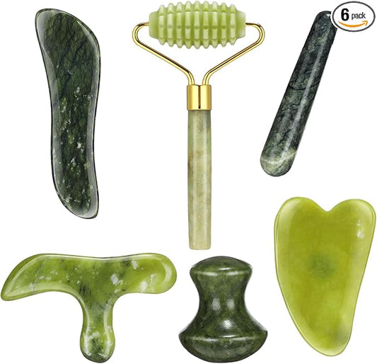 Sliner 6 Pcs Natural Jade Foot Massage Tool Set Jade Deep Tissue Point Massage Tool Foot Reflexology Massager Gua Sha Scraping Stone for Feet Care Relaxation Muscles Soreness Pain Relief