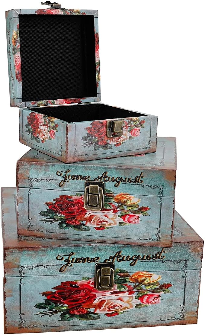 Jolitac Wood Storage Box Set of 3, Vintage Decorative Nesting Boxes Wooden Treasure Storage Crates With Latch, Home Decor Rustic Antique Boxes With Lid for Photos, Jewelry, Cash (Bloom)