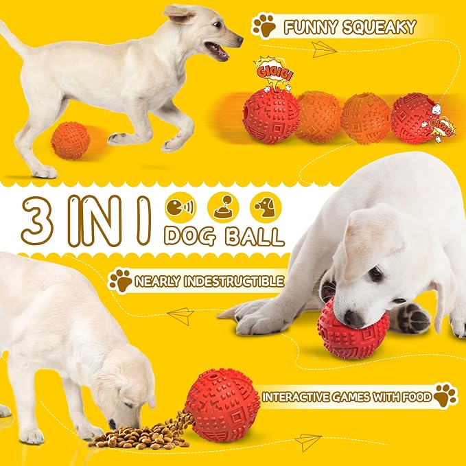 Dog Balls Treat Dispensing Dog Toys for Aggressive Chewers Large Breed-Red | Nearly Indestructible Squeaky Puppy Chew Toys for LargeBreeds, Natural Rubber Doggie Puzzle Toys, Pet Treat Ball