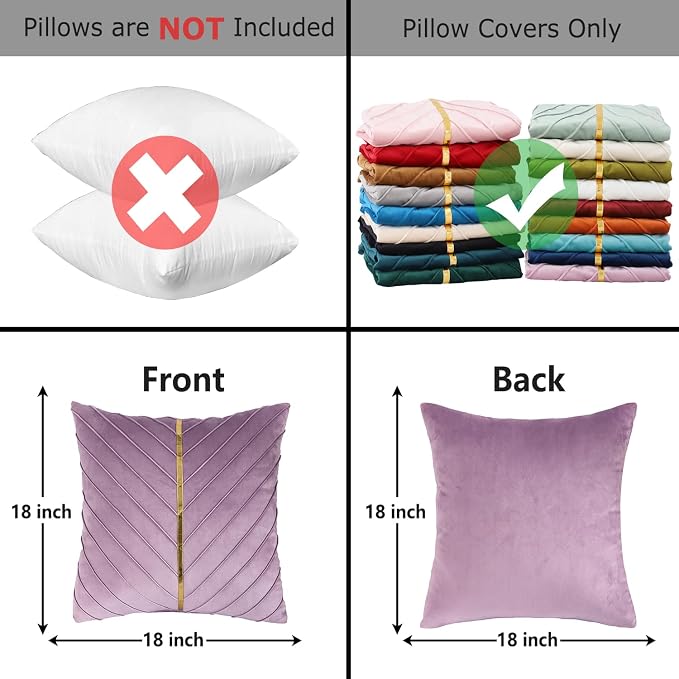 Velvet Throw Pillow Covers 18x18 inch Pack of 2 Gold Decor Purple | Soft Solid Pillow Covers,Modern Luxury Home Decor,for Couch Chair Sofa Bedroom Livingroom,Hidden Zipper,Ideal Gift,Easy Care