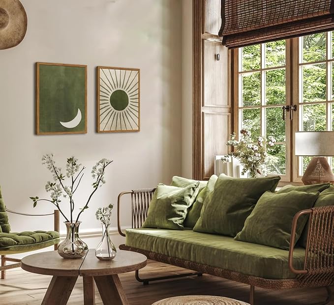 Framed Boho Sun and Moon Canvas Wall Art Set of 2, Vintage Sage Green Bohemian Pictures Wall Decor, Mid Century Modern Abstract Minimalist Paintings Prints for Living Room Bedroom Office 12x16 inch