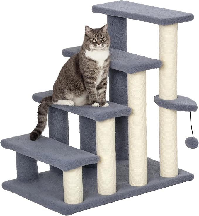 PawHut 4 Levels Cat Steps Pet Stairs Carpeted Ladder for High Bed Gray | Kitten Tree Climber, Scratching Posts, Hanging Play Ball, Side Step, for Sofa