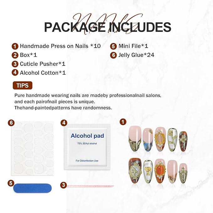 Handmade Press On Nails Almond - Luxury 3D Design Fake Nails with French Tips Short, Salon Quality | 3 Sizes - 10 Acrylic Nail Kit