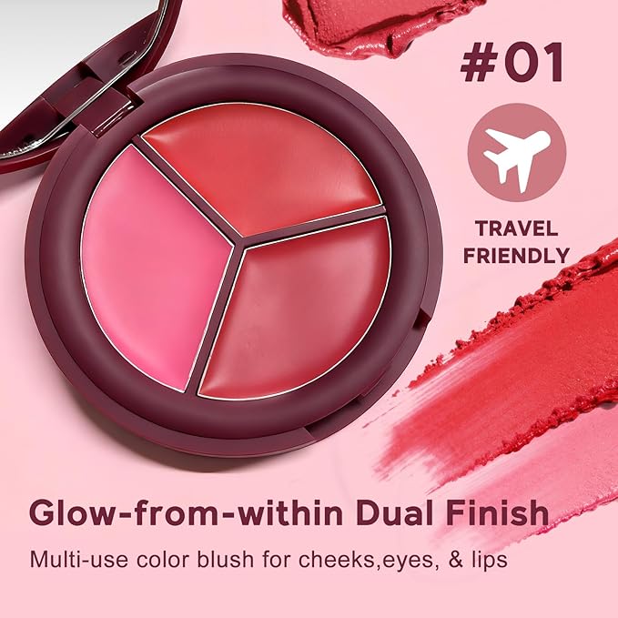 Color Nymph 3 Colors Ultra-Creamy Blush for Cheeks, Multi-Use Cream Blushes Balm Face Makeup, Hydrating, Creamy, Lightweight & Blendable Color, Face Makeup, Vegan & Cruelty-Free （#03）