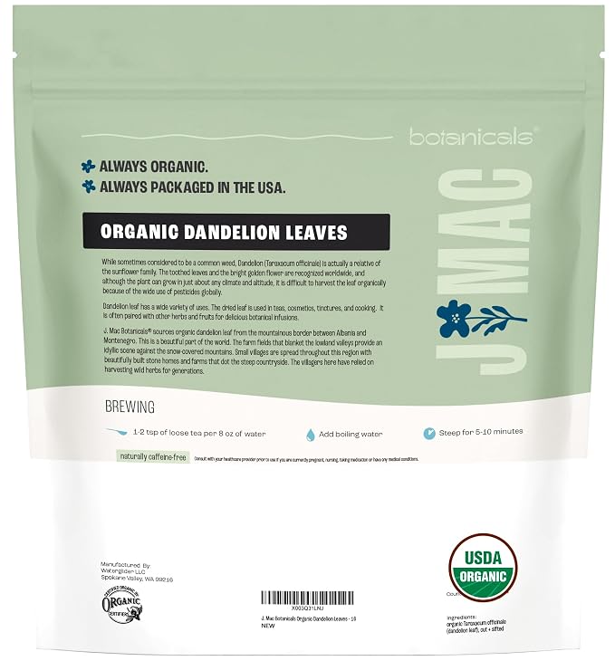 J Mac Botanicals, Organic Dandelion Leaves (16 oz bag) USDA Certified Organic Dandelion leaf tea, te diente de leon organico, Packaged in the USA, Cut and Sifted, No Caffeine, Fresh dried dandelion