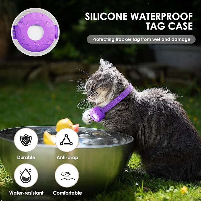 Cat Tracker, Lightweight GPS Tracker, Compatible with Apple Find My App(Only iOS), Waterproof Cat Trackers Collar with Bell and Safety Elastic Buckle, Real-Time Location Pet Tracker, Purple