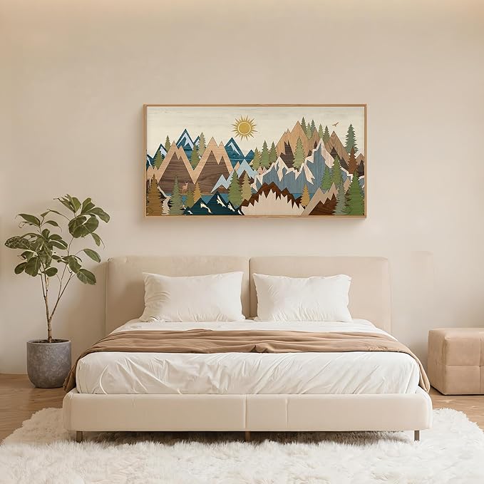 FWIEXA Large Mountain Woodcut Style Canvas Wall Art, Sunrise Pine Tree Wall Decor, Forest Animal Painting, Nature Wilderness Lake Landscape, 20x40In Rustic Artwork for Living Room, Bedroom, Bathroom