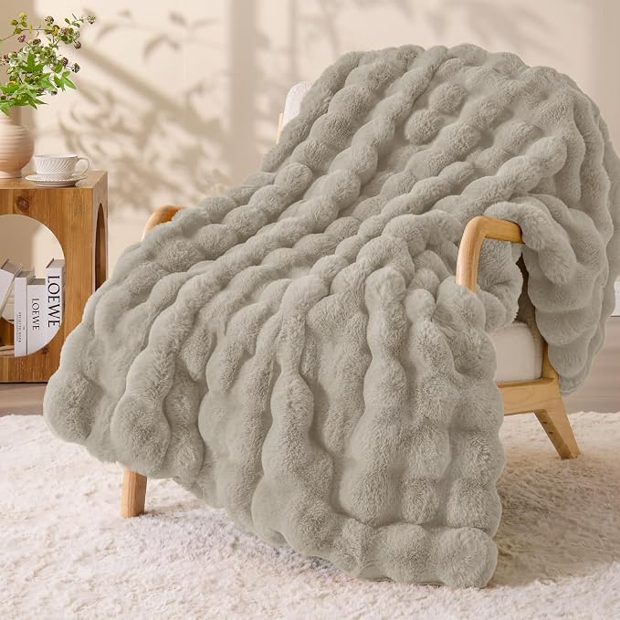 BEDELITE Faux Fur Throw Bubble Blanket for Couch, 60" x 80", Linen | 870GSM Soft Cozy Plush Blanket for Sofa & Bed Living Room Decor, Warm Fuzzy Faux Rabbit Fur for Women Gift, All Season Use