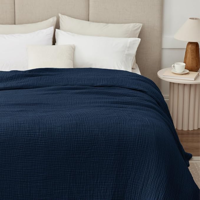 100% Cotton Muslin Blanket California King 120" x 90", 6 Layers Breathable and Lightweight Oversized Blankets for Bed, Soft Cooling Gauze Blanket for Adults All Season, Navy