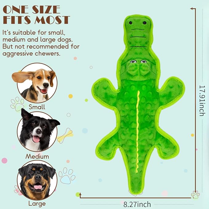 No Stuffing Dog Squeak Toys, Chew Toys for Small, Large Puppies Crocodile | Durable Plush Puppy Teething Toys, Interactive to Keep Pets Busy, Toss Fetch Tug Play, Best Birthday Gift