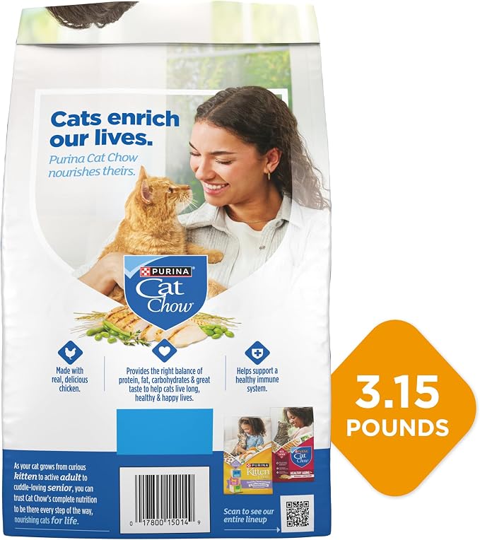 Purina Cat Chow High Protein Dry Cat Food, Complete - 3.15 Pound (Pack of 4) | Adult and kitten cat food for every life stage, made with real chicken, with omega-6 fatty acids for a shiny coat