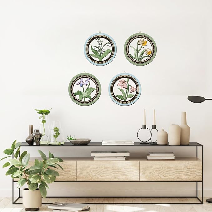 Watercolor Flower Wall Decor, Farmhouse Botanical Leaf Hanging Wooden Wall Art, 4 Pieces 10''x10'' Minimalist Boho Floral Market Wood Sign for Girls Bedroom Living Room Office Decoration