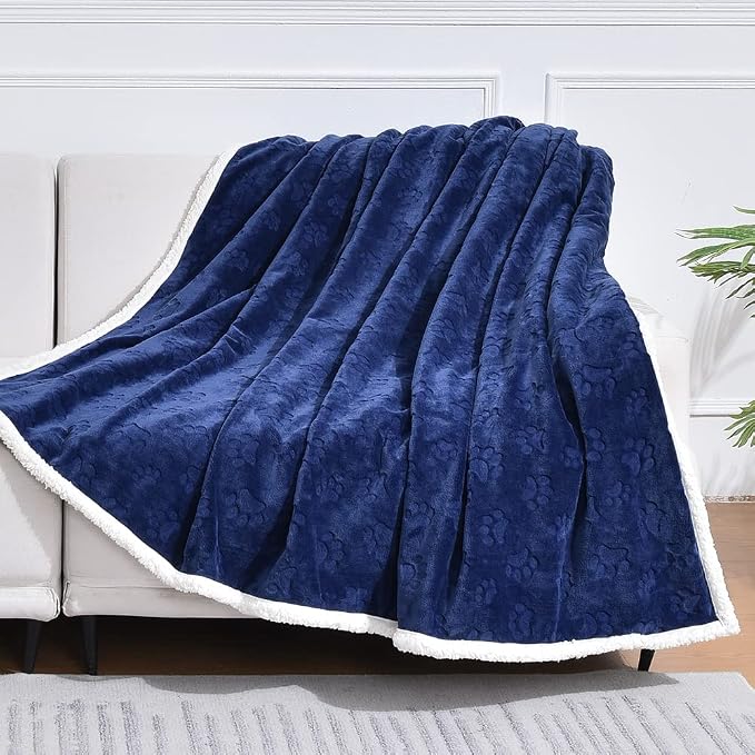 Dog Blankets for Large Dogs - Waterproof Cat Blanket Washable - Sherpa Fleece Puppy Blanket, Soft Plush Reversible Throw Protector for Bed Couch Car Sofa, 60"X80", Navy Blue