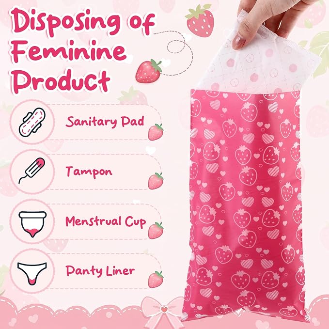 Eccliy 150 Pcs Sanitary Napkin Disposal Bags, 9.8''x5.9'' Thick Pink Strawberry Feminine Hygiene Waste Bags, Disposable Tampon Trash Bag for Women Privacy, Diaper Sack, Personal Care for Home Travel