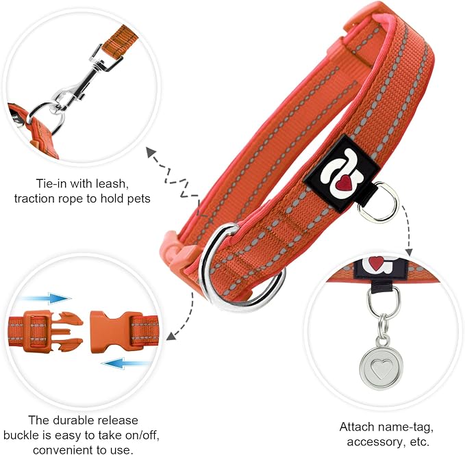 azuza Reflective Dog Collar, Neoprene Padded Puppy Collar, Rust Red, XS