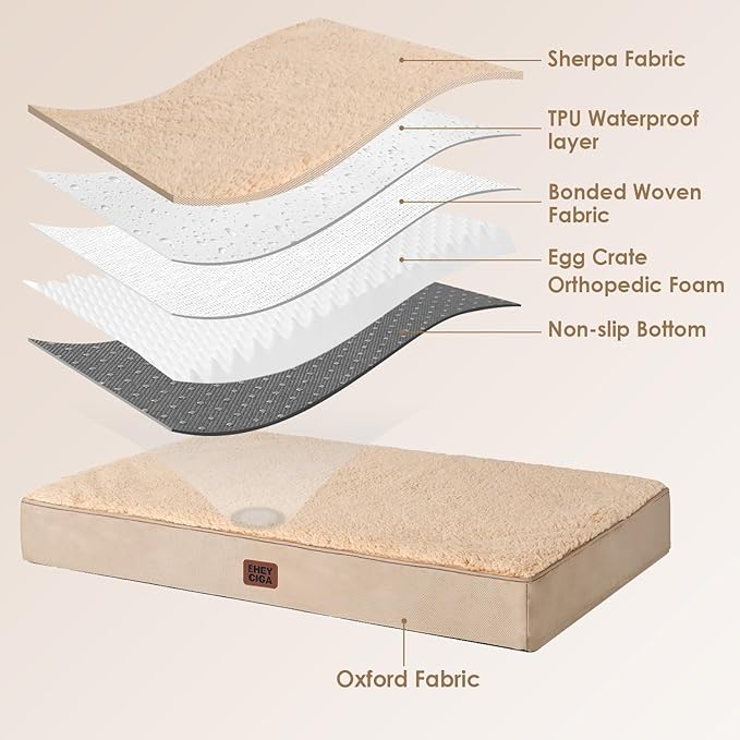 EHEYCIGA Orthopedic Dog Bed Large with Removable Washable Cover, 41IN Khaki | Egg Crate Foam Support, Durable Oxford fabric, Non-Slip Bottom, Machine Washable, Soft Waterproof Plush Pet Bed Mat For Crate