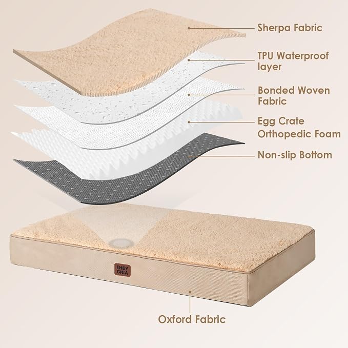 EHEYCIGA Orthopedic Dog Bed Large with Removable Washable Cover, 36IN Khaki | Egg Crate Foam Support, Durable Oxford fabric, Non-Slip Bottom, Machine Washable, Soft Waterproof Plush Pet Bed Mat For Crate