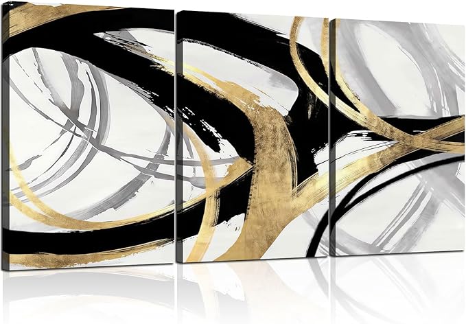 3Pcs Framed Abstract Wall Art Gold Black and White Lines Picture Canvas Prints Modern Line Prints Living Room Bedroom Office Poster Gallery Home Decor 16x24 Inch Ready to Hang