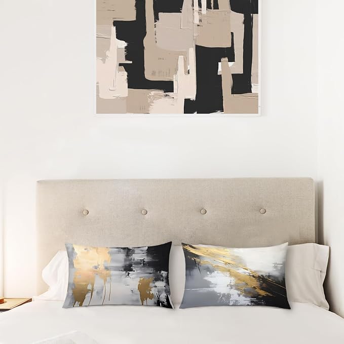 Abstract White and Gold Pillow Covers, 16x24 Set of 2, Modern Black and White for Couch, Bed, Living Room