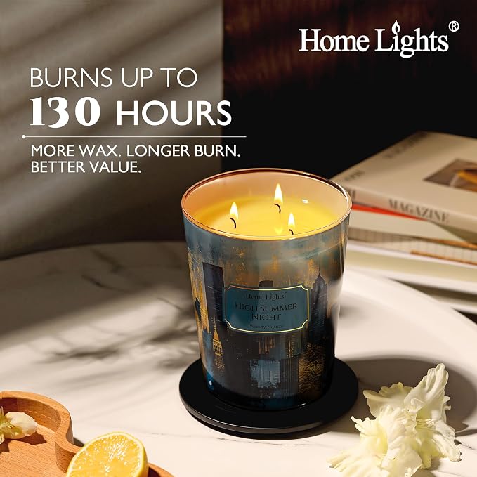 HomeLights High Summer Night Scented Candles | 18oz Soy Candles Industrial Chic 4-Wick Large Candle Jars | Ideal Candle Gifts for Events, Home Decor Stress, Relief & Relaxation