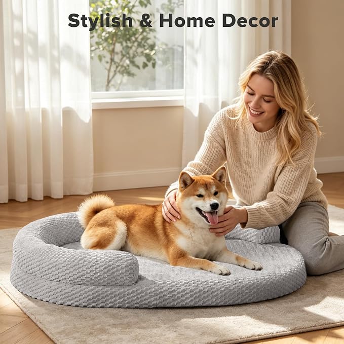 JOEJOY Orthopedic Dog Bed Medium Size Dogs, Waterproof Washable Oval Dog Beds with Removable Cover, Egg-Crate Memory Foam Pet Bed with Bolster Sides & Non-Skid Bottom, Light Grey, 28''x20''