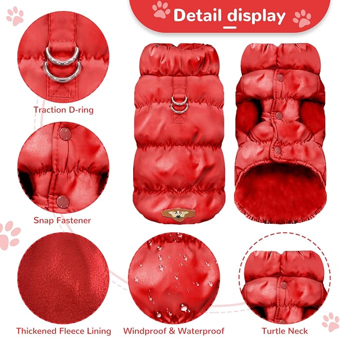 ABRRLO Winter Warm Dog Jacket for Small Medium Dogs Cat Cold Weather Coats with Harness Paded Dogs Fleece Vest Waterproof Windproof Dog Snow Jacket Pet Puppy Clothes (Red,M)