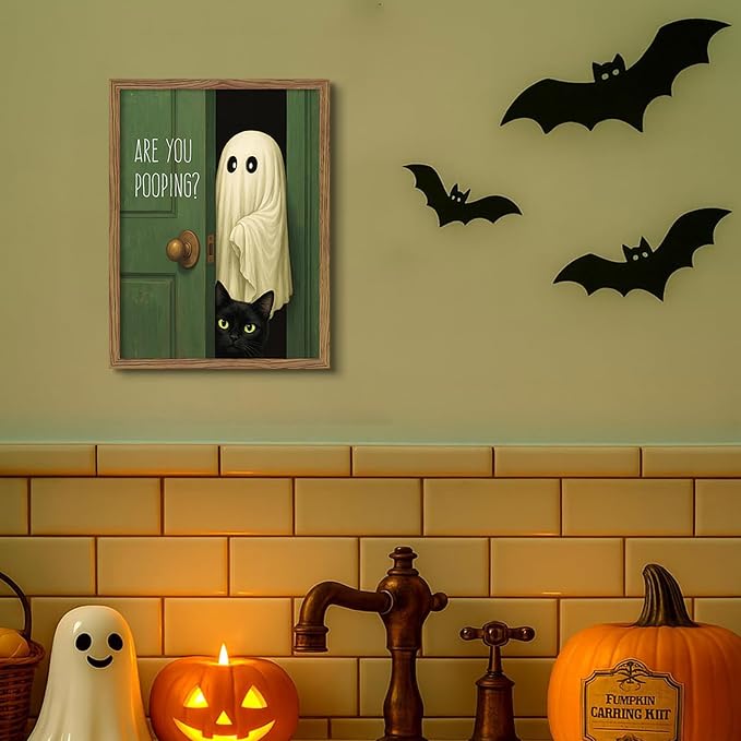 Funny Ghost Cat Halloween Bathroom Wall Art, Cute Ghost Bathroom Halloween Wall Decor Are You Pooping Picture, Vintage Framed Canvas Prints Funny Artwork for Restroom 12x16in Wood Frame