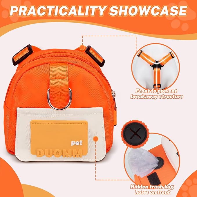 Orange Dog Harness Backpack with Leash & Poop Bag Dispenser, Modern Style, Medium Dog, 17-33 Lb, 5.9" x 5.9" x 2.3"