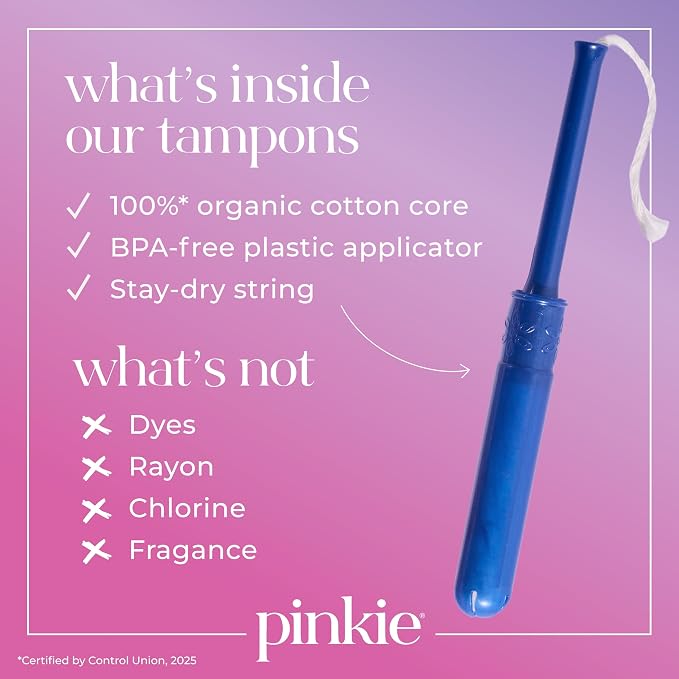 Pinkie Organic Tampons for Teens & Adults - 100% Cotton Core Adapts to Your Body - Slim BPA-Free Applicator for Comfortable Insertion - Chlorine, Fragrance, Dye & Rayon Free - Regular/Super, 36 Count