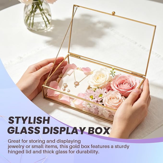 MAOPINER 8.66 x 5.32 x 1.81 Vintage Gold Glass Jewelry Box with Lid | Clear Glass Display Organizer with Lid for Rings, Bracelets & Earrings, Decorative Rectangular Jewelry Storage Case