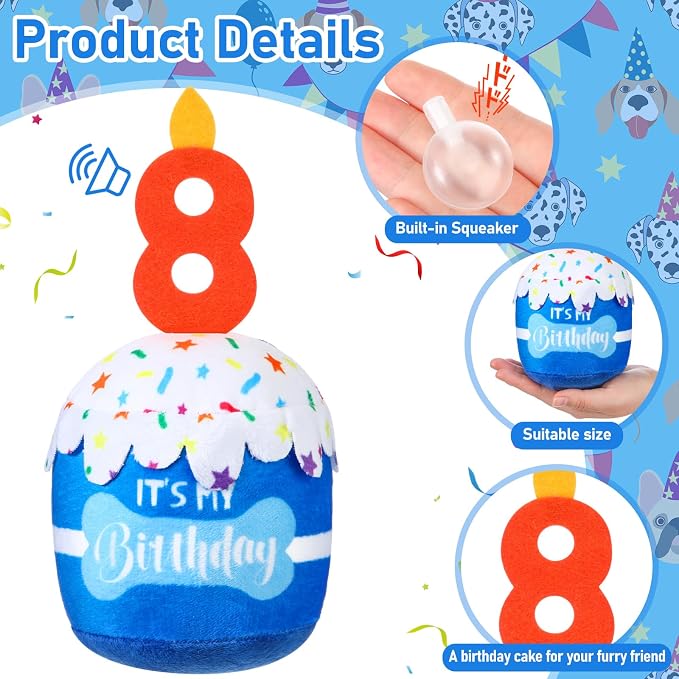 Dansydaisy Dog Birthday Cake Toy Squeaky Plush Gift,8th,Blue