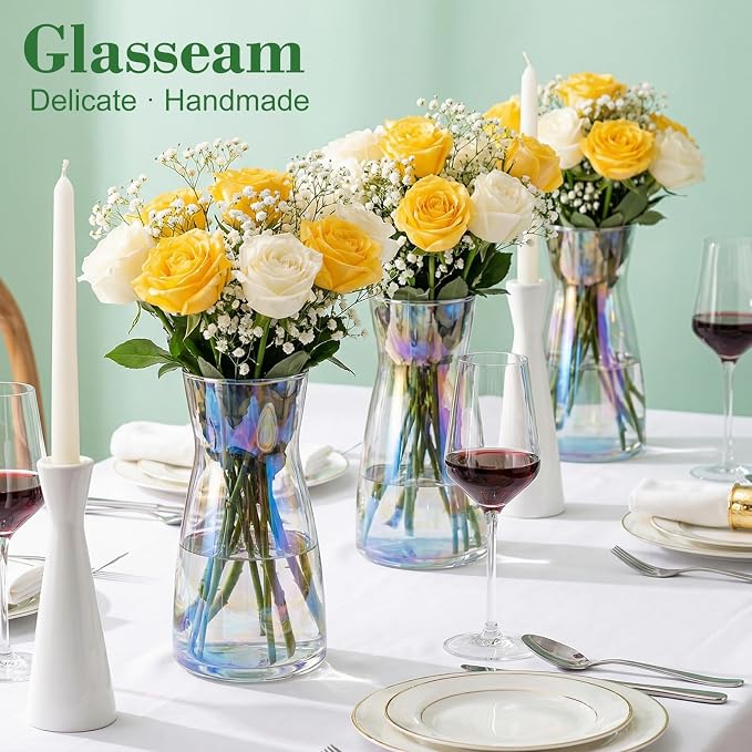8 inch Glass Flower Vases for Flower 2 Pack,Colorful Glass Vases | Vases for Centerpieces Table,Flower Bouquet Decoration,Wedding Decor Gift,Birthday,Living Room