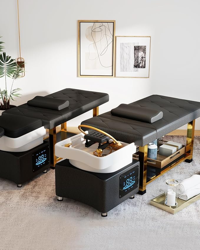 Artist hand Head Spa Bed, Hair Washing, Shampoo Massage Bed with Water Cycle Salon Equipment for Beauty Head Spa, Constant Temperature System(Gold)