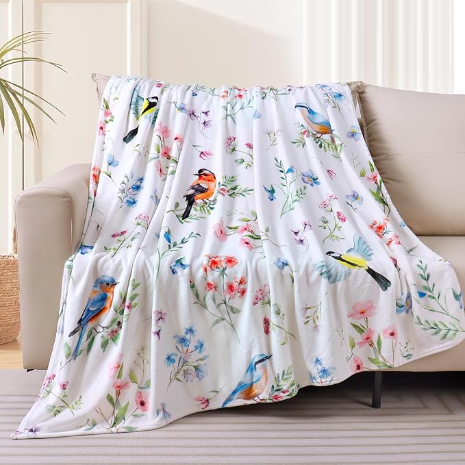 Floral Bird Blanket Ultra Soft Watercolor Flowers Throw Blankets Wildflower Flannel Fleece Throw Botanical Warm Cozy Fuzzy Plus Gifts Cabin Blanket for Bed Sofa,60" X 80"