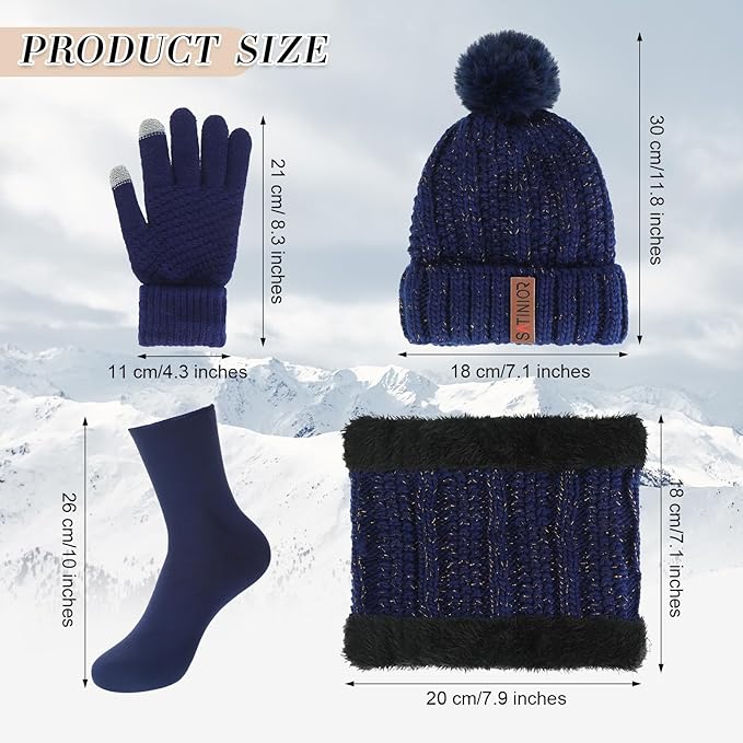 SATINIOR 5 Pcs Winter Hat Scarf Gloves Set Fleece Warm Lined Knit Beanie Hat Touch Screen Earmuff Gloves Warmer for Women(Navy Blue,Classic Style)