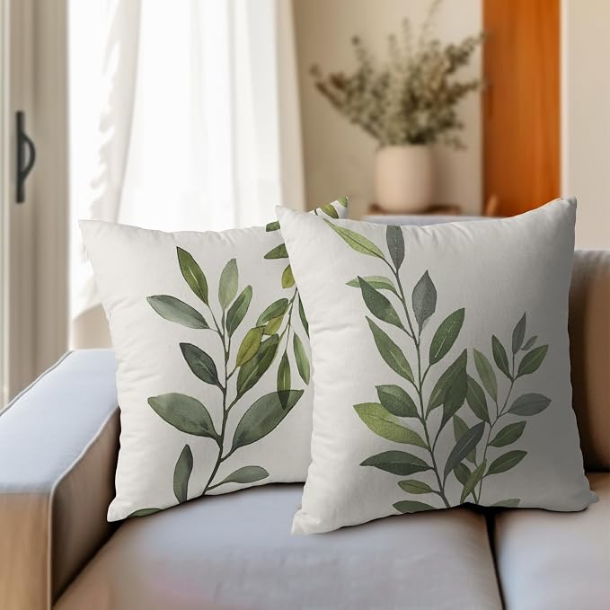 Kawani Green Leaf Throw Pillow Covers 20x20 in, Set of 2 Summer Spring Olive Leaves Outdoor Decorative Pillow Cases Cotton Linen Cushion Cover for Couch Bed Sofa Chair Car Seat Home Decor