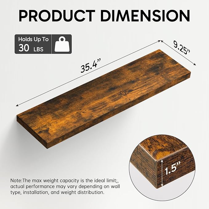 BAYKA Rustic Brown Floating Shelves 35.4in, Set of 2, Wall Mount Wood Shelf | Easy Install, 30lbs Max Load, Hidden Bracket, for Bathroom Bedroom Kitchen Display Storage Decor, Multi-Wall Compatible