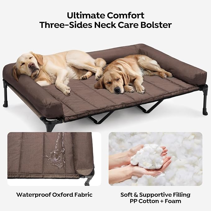 Veehoo Outdoor Elevated Dog Bed with Waterproof Bolster Cushion, Cooling | Raised Dog Bed with Removable & Washable Mat Topper, Breathable Mesh, Dog Couch Cot for Indoor Outdoor, 59", Large, Brown
