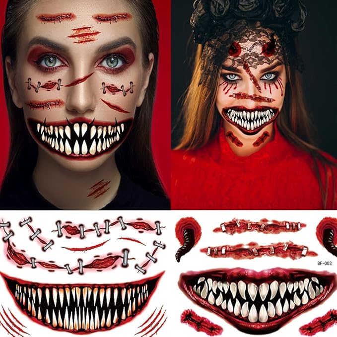 9 Sheets Halloween Tattoos - Halloween Temporary Tattoos, Horrible scar Makeup Fake Face Stickers, Funny scar mouth Face Decals for Adults Women Girls Clown Makeup Kit Party