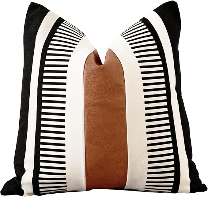 Farmhouse Decorative Throw Pillow Cover for Sofa Couch Accent Faux Leather Square Cushion Cover Tribal Stripe Boho Pillow Case 18 x 18 Inch,Black