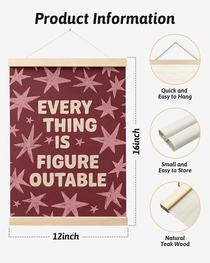 FGFK Everything Is Figureoutable Inspirational Wall Art Poster Hanger Frame, Retro Red and Pink Star Positive Affirmations Canvas Prints Framed Wall Decor for Home Classroom Office, 12x16 Inch
