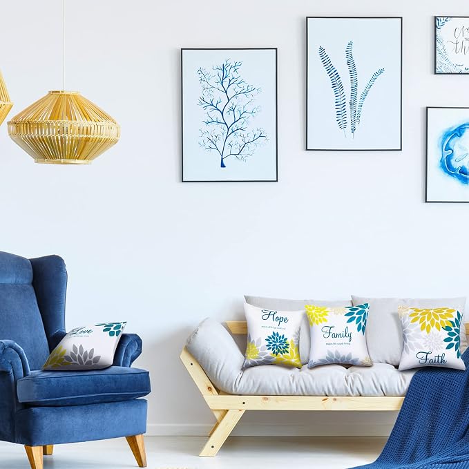 Tatuo 4 Pcs Flower Pillow Covers Square 18 x 18 Inch Blue Series | Pillow Cushion Cases for Sofa Bed, Family Faith Hope Love Words, Decorative Flower Pattern, Living Room Home Decor