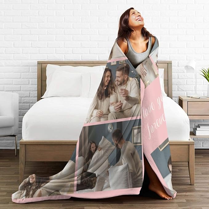 Custom Blanket with Picture Text, Personalized 5 Photo Blanket, HD Printing Customized Flannel Throw Blanket Gifts for Mom Dad Couple Girlfriend Boyfriend Wife Husband Christmas