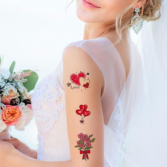 Temporary Tattoos for Women Wife, 105PCS Wedding Love Confession Couple Bridesmaid Romantic Party Body Stickers, Valentine's Day Fake Tattoos, Heart Flower Angel Decorations Gifts for Kids Boys Girls