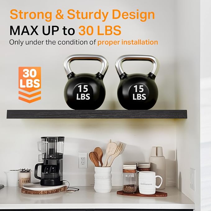 BAYKA Black Floating Shelves 35.4in, Set of 3, Wall Mount Rustic Wood Shelf | Easy Install, 30lbs Max Load, Hidden Bracket, for Bathroom Bedroom Kitchen Display Storage Decor, Multi-Wall Compatible