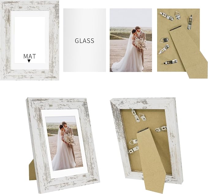 Hongkee 5x7 Picture Frame Set of 4, Made of Real Glass and Distressed White Wooden Frame, 5 by 7 Photo for Wall or Tabletop - Display Picture 4x6 with Mat or 5x7 Without Mat (Pack of 2)